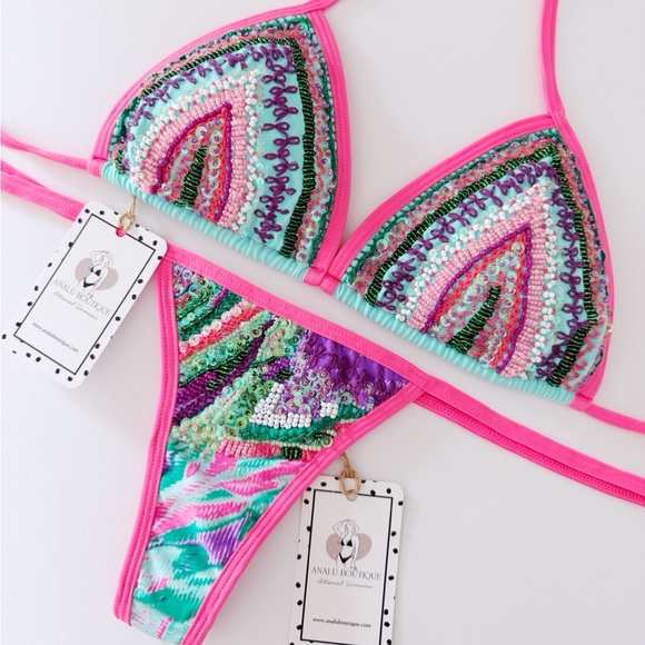 NWT Neon Sexy Beaded Colorful Fully Embroidered Bikini Set Made in Colombia